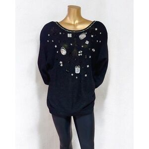 Work In Progress Vintage Y2K Black Beaded Silk Angora Fuzzy Sweater Size M